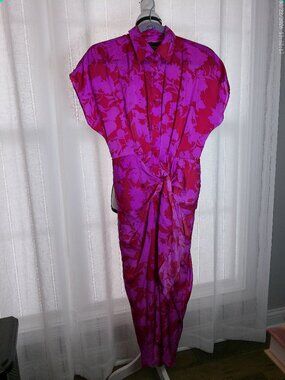 DO+BE Cap Slve Button-Up w/Tie Red & Pink Floral Design HiLo Lined Maxi Dress S